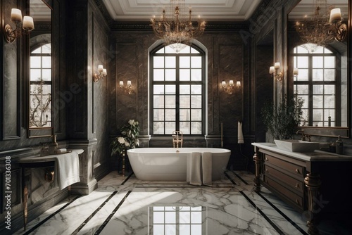 Opulent bathroom adorned with marble flooring and walls. Generative AI