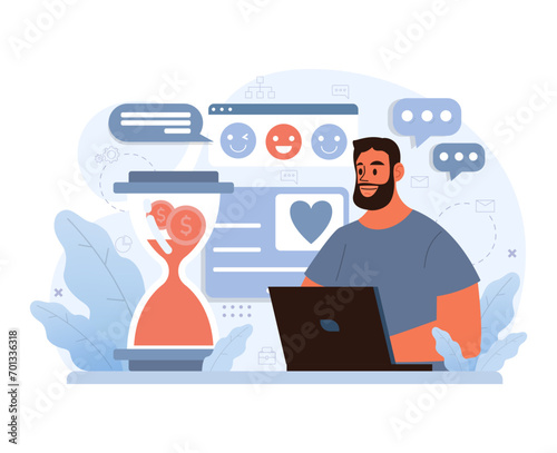 Online charity and charitable foundation. Web service to help people in need. Humanitarian aid, donations, volunteers or non-governmental, nonprofit organizations support. Flat vector illustration