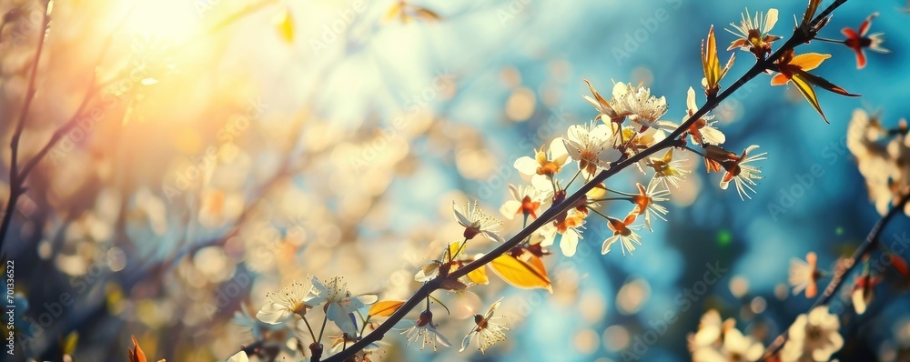 A fresh spring blue sunny sky background with blurred warm sunny glow. - obrazy, fototapety, plakaty 