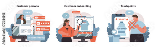 Customer Journey set. Insightful illustrations on persona building, efficient onboarding, and creating touchpoints. Captures essential marketing strategies. Flat vector illustration.
