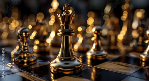 A gold king in the center of the chess set