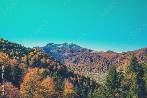 Mountain landscape on an autumn sunny day. View of mountains slopes. Ski resort Station Les Monts d'Olmes France Europe