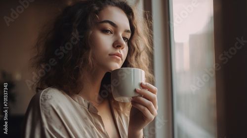 Young woman with a cup, drinking coffee, drinking tea, morning, relax