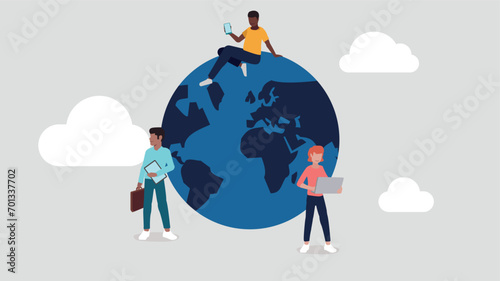 Vektor-Illustration eines Globus mit Menschen aus verschiedenen Nationen, die in einem Netzwerk arbeiten - Business-Konzept