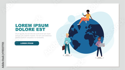 Vektor-Illustration eines Globus mit Menschen aus verschiedenen Nationen, die in einem Netzwerk arbeiten - Business-Konzept