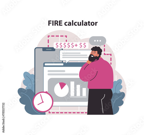 Financial independence, FIRE concept. Investment portfolio calculator. Financial return and profit growth on investing. Money savings and investment for early retirement. Flat vector illustration