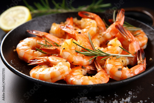 Delicious cooked shrimps served with lemon, pepper and rosemary on white background photo