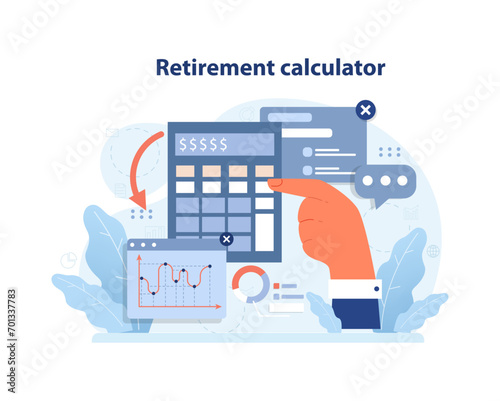 Financial independence, FIRE concept. Investing money to IRA. Pension fund service, pension calculator. Financial literacy, future planning. Flat vector illustration