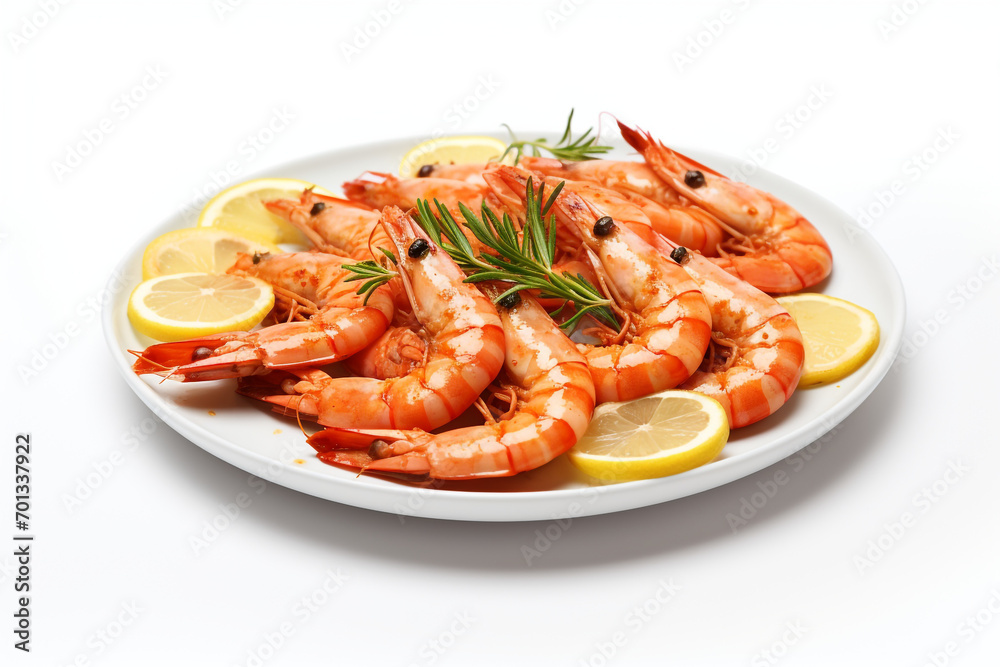 Delicious cooked shrimps served with lemon, pepper and rosemary on white background Delicious cooked shrimps served with lemon, pepper and rosemary on white background