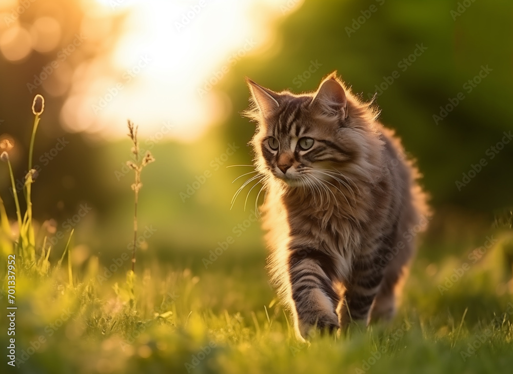 Adorable, striped playful cat walking in the filed