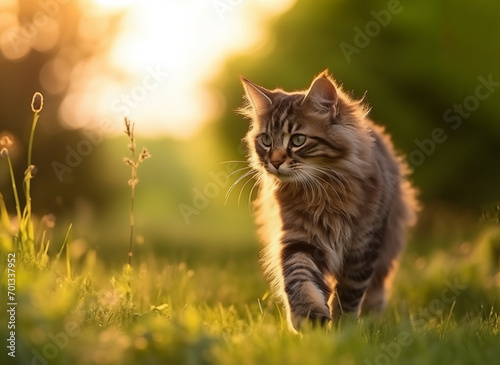 Adorable, striped playful cat walking in the filed