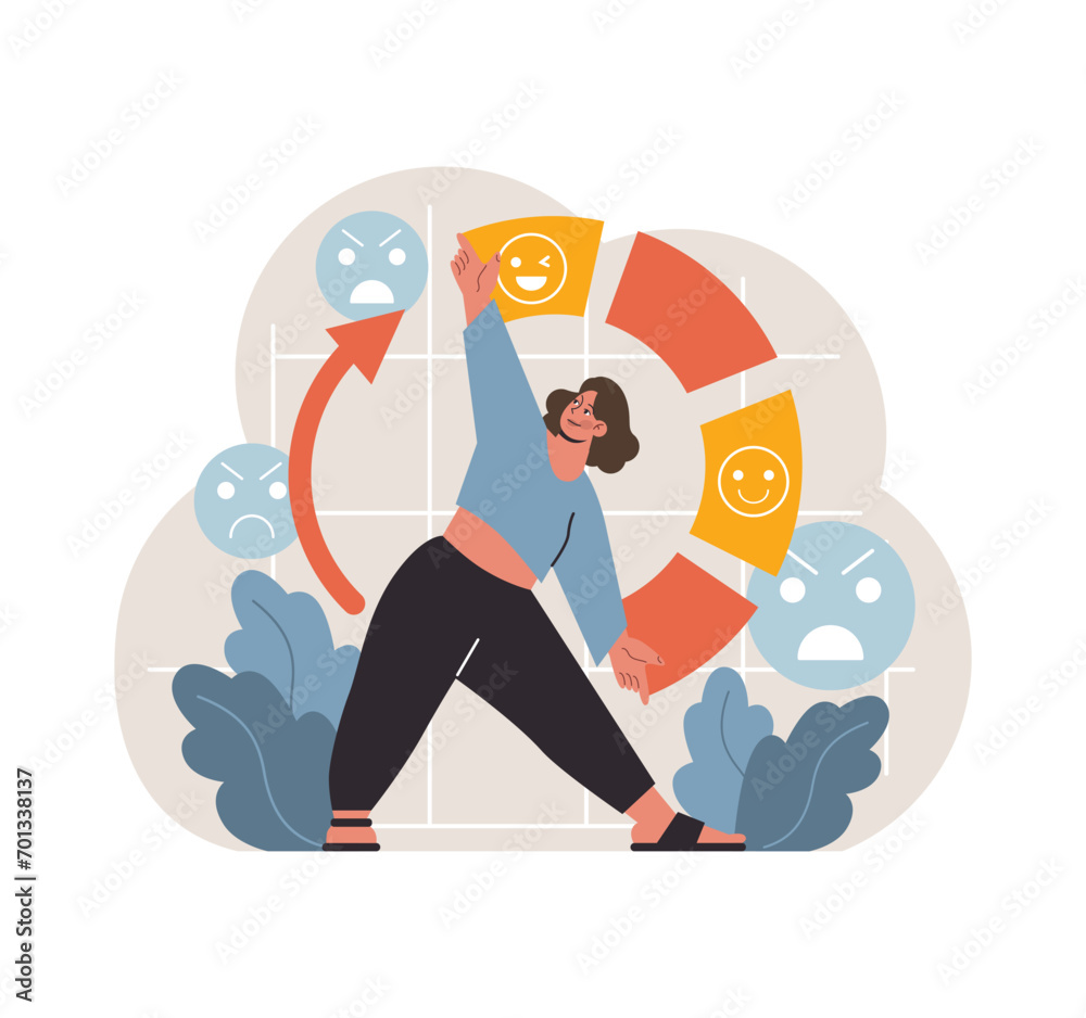 Woman navigating happiness, charting her joy amidst emotions. Rising above challenges, focusing on positive vibes. Emotion control and self-growth. Flat vector illustration Woman navigating happiness, charting her joy amidst emotions. Rising above challenges, focusing on positive vibes. Emotion control and self-growth. Flat vector illustration