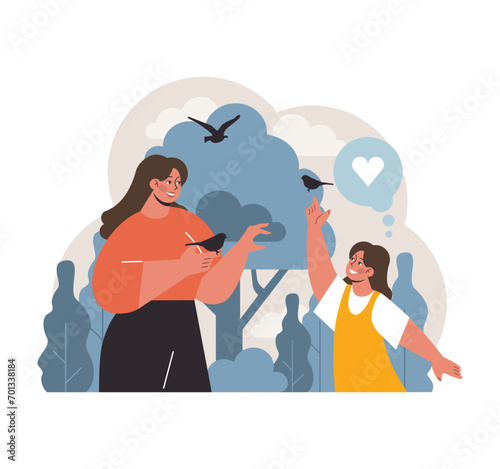 Mother and daughter sharing a joyful moment with birds in nature. Celebrating love and happiness amidst serene surroundings. Bonding, nature's bliss, and childhood wonder. Flat vector illustration