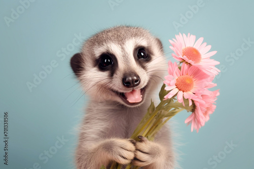 A smiling meerkat holding pink gerbera flowers, with a pale blue backdrop