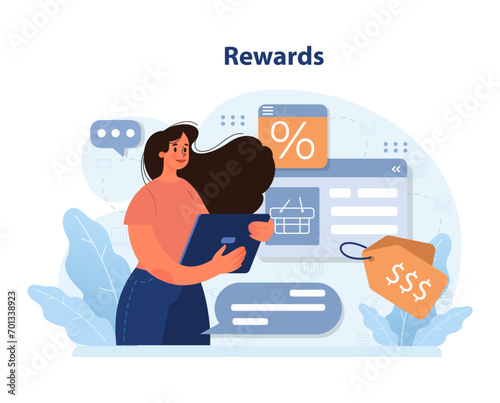 Rewards program exploration. Woman engaging with online offers and discounts on a tablet, seeking best shopping deals. Navigating loyalty benefits, price tags, and savings. Flat vector illustration