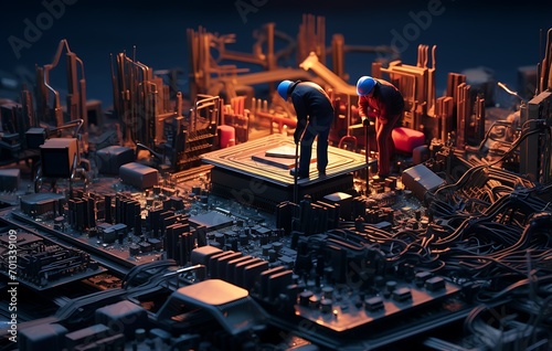 3d illustration of engineers working on a microcircuit. Technology concept