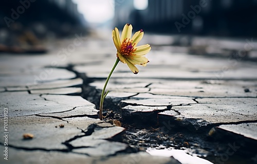 Flower growing out of cracked earth. The concept of climate change. © PixStudio