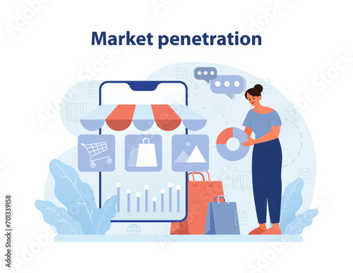 Market penetration concept. Woman analyses digital store data amidst shopping icons. E-commerce growth. Online purchasing trends. Cityscape background. Flat vector illustration.