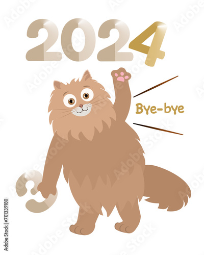 Goodbye 2023, hello 2024. A chubby, fluffy cat waves its paw while saying goodbye. Funny Greeting card, print, poster. Vector illustration isolated on white.