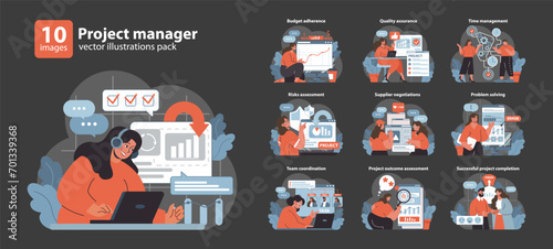 Project Manager set. Strategic planning and effective communication. Navigating budget and time constraints. Ensuring quality, assessing risks. Flat vector illustration.