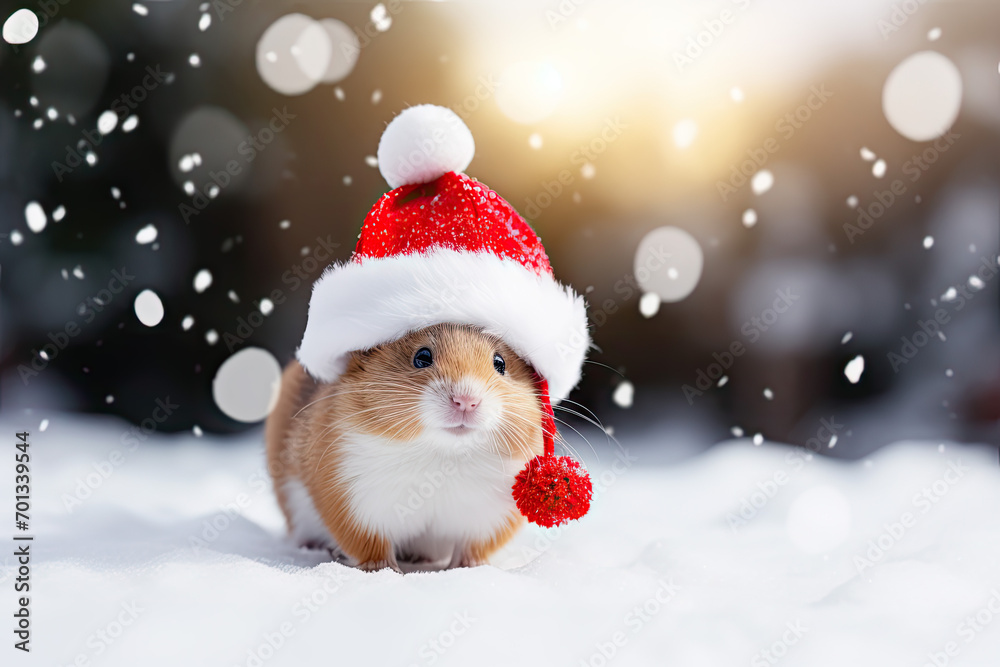 Santa Claus hat on snow with bokeh background, Christmas concept