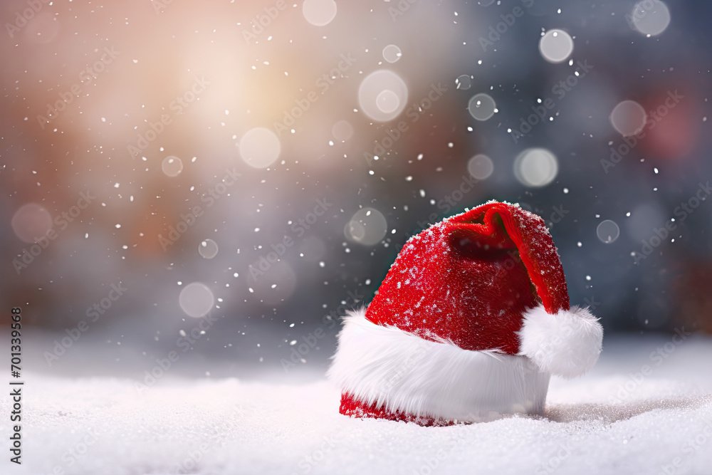 Santa Claus hat on snow with bokeh background, Christmas concept Santa Claus hat on snow with bokeh background, Christmas concept