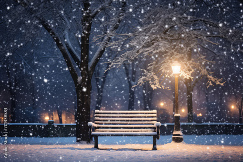 Snowfall in the park at night with a bench and a street lamp