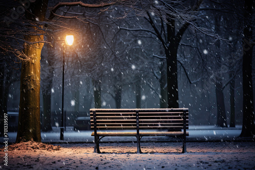 Snowfall in the park at night with a bench and a street lamp