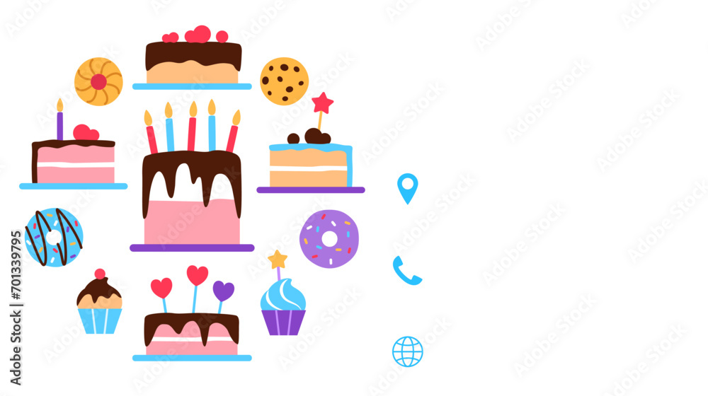 Pastry shop visit card template with text copy space. Baked healthy food business card design. Bright colorful flat baked tasty elements donut cake muffin. Confectionery sweet shop vector illustration Pastry shop visit card template with text copy space. Baked healthy food business card design. Bright colorful flat baked tasty elements donut cake muffin. Confectionery sweet shop vector illustration