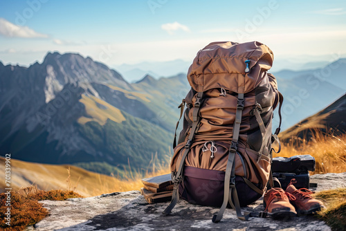 Backpack and camping equipment on the background of the mountain landscape