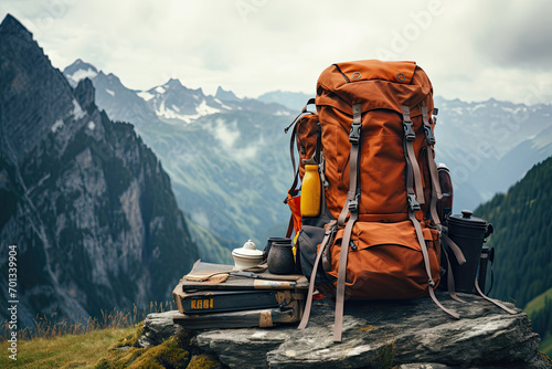 Backpack and camping equipment on the background of the mountain landscape photo