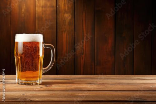 Glass of beer on wooden table. Beer in a glass on a wooden background