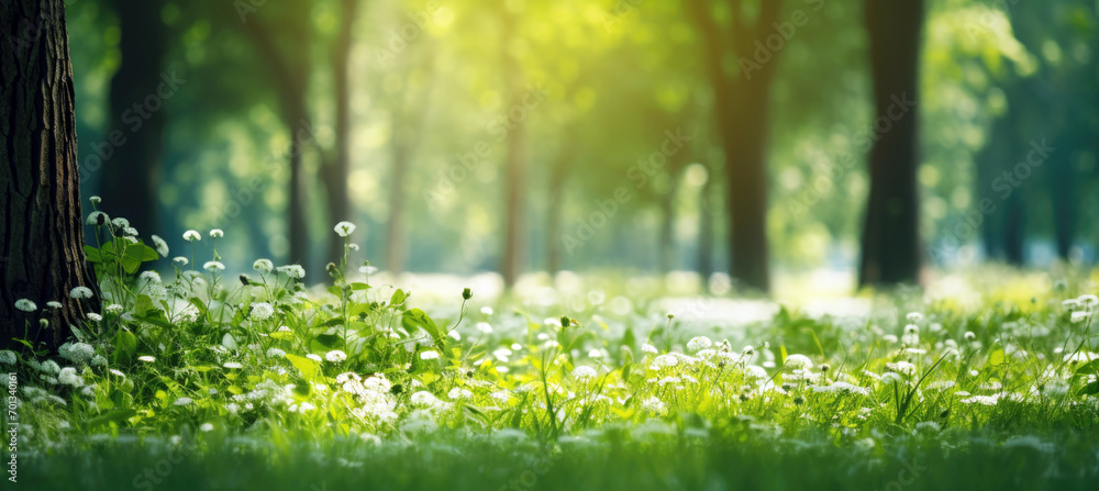 Summer Beautiful spring perfect natural landscape background, Defocused green trees in forest with wild grass and sun beams