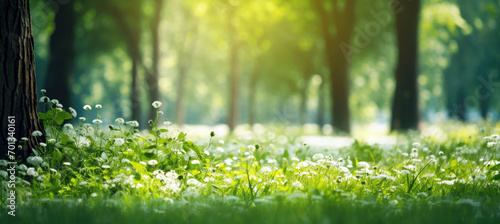 Summer Beautiful spring perfect natural landscape background, Defocused green trees in forest with wild grass and sun beams © Aimee