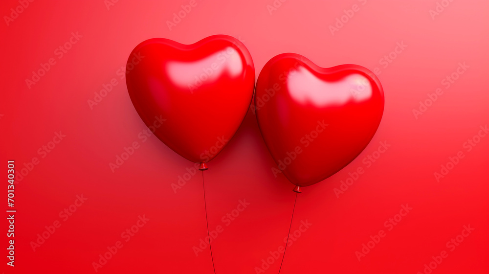 Valentine's Day background. Two glossy red heart-shaped balloons against a red background.