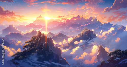 An enchanting anime landscape of a mist-covered mountain range during sunrise