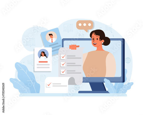Public opinion polling. Female character participation in an online survey. Assessing woman impression of services. Opinion questionnaire form. Flat vector illustration