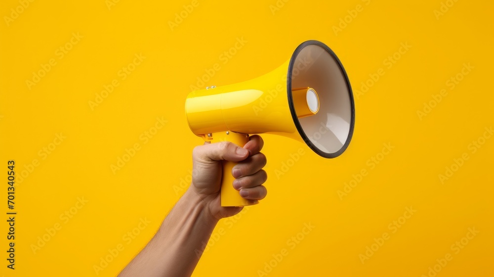 Hand is holding a megaphone, yellow background, copy space, 16:9