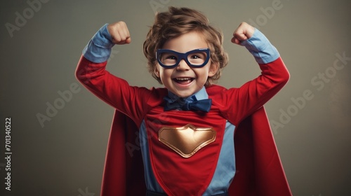 Smiling young boy in a superhero costume, triumphant pose, concept: winner, copy space, 16:9