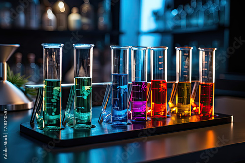 Test-tubes with colorful liquids on the table in the laboratory