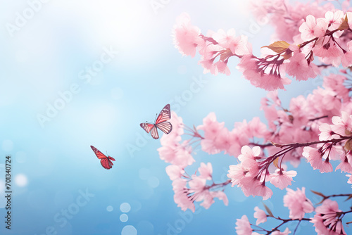 Beautiful pink sakura blossoms and butterfly on bokeh background © Kitta