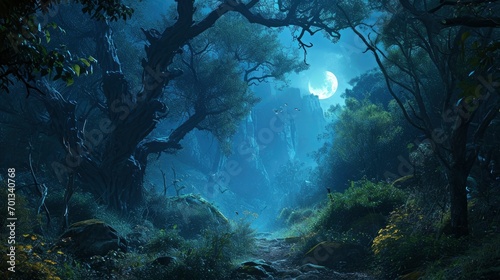 Magical fantasy fairy tale scenery  night in a forest.