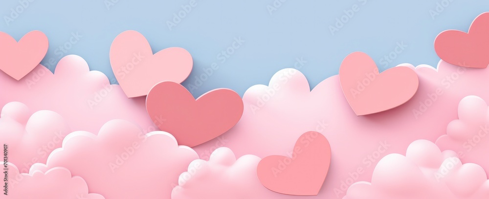 Happy valentines day background with paper cut style pink clouds and hearts