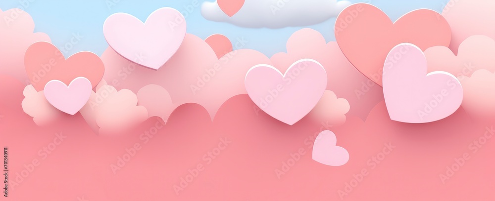 Happy valentines day background with paper cut style pink clouds and hearts