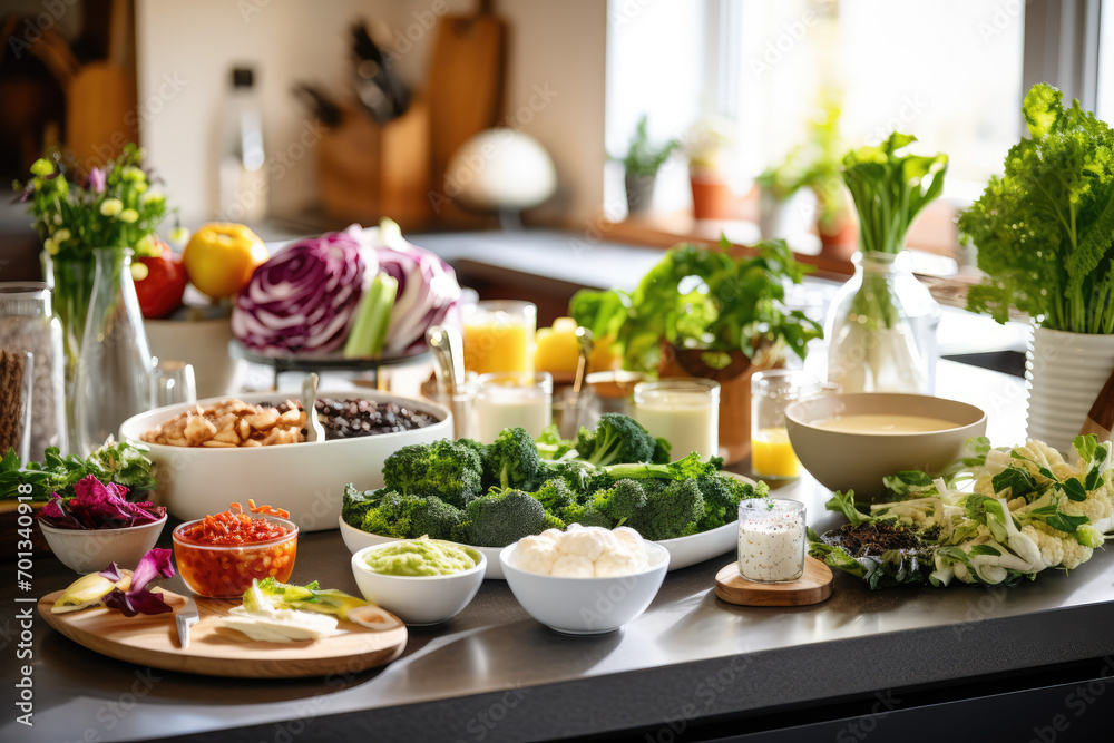 Fresh vegetables on the table in the kitchen. Healthy food concept Fresh vegetables on the table in the kitchen. Healthy food concept