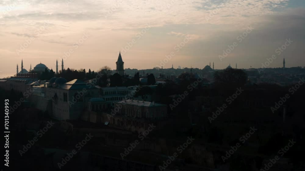 istanbul hagia sophia and topkapi palace and sultan ahmet mosque blue mosque aerial shot with drone and park green field sea , Istanbul historical peninsula panoramic view