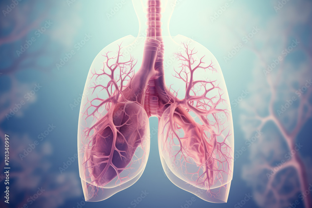 Lungs anatomy with visible veins and arteries. 3D rendering - obrazy, fototapety, plakaty 