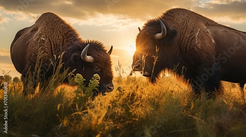 pair of buffalo feeding in a field  wildlife award photography  16 9