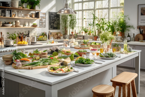 Fresh vegetables on the table in the kitchen. Healthy food concept