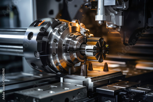 The CNC milling machine cutting the metal part with the sparking light